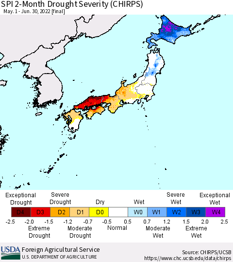 Japan SPI 2-Month Drought Severity (CHIRPS) Thematic Map For 5/1/2022 - 6/30/2022