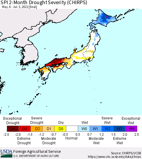 Japan SPI 2-Month Drought Severity (CHIRPS) Thematic Map For 5/6/2022 - 7/5/2022