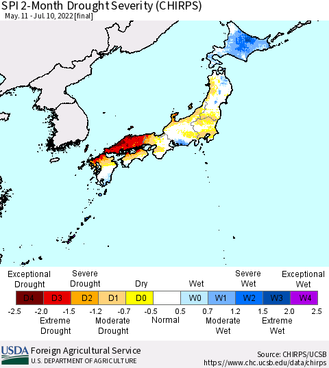 Japan SPI 2-Month Drought Severity (CHIRPS) Thematic Map For 5/11/2022 - 7/10/2022