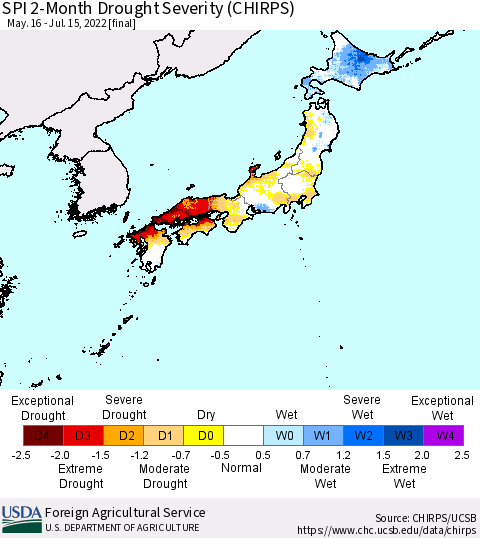 Japan SPI 2-Month Drought Severity (CHIRPS) Thematic Map For 5/16/2022 - 7/15/2022