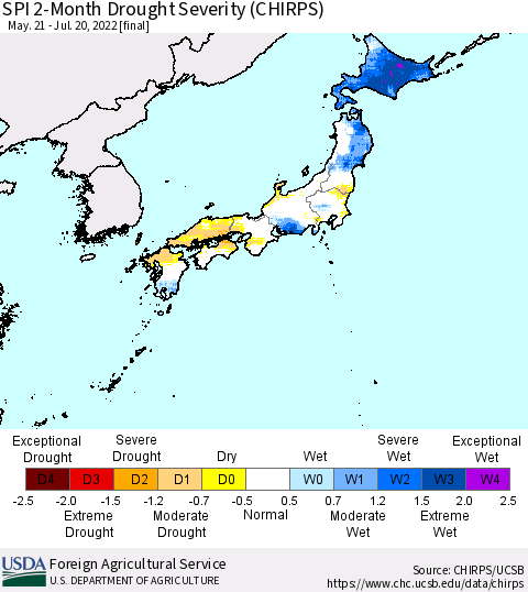 Japan SPI 2-Month Drought Severity (CHIRPS) Thematic Map For 5/21/2022 - 7/20/2022