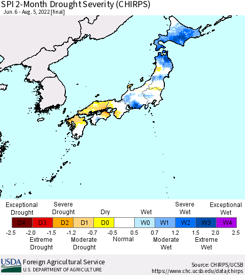 Japan SPI 2-Month Drought Severity (CHIRPS) Thematic Map For 6/6/2022 - 8/5/2022