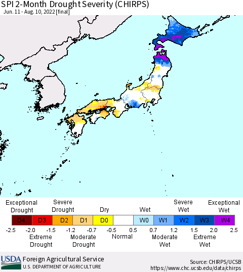 Japan SPI 2-Month Drought Severity (CHIRPS) Thematic Map For 6/11/2022 - 8/10/2022