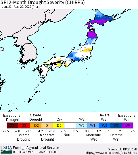 Japan SPI 2-Month Drought Severity (CHIRPS) Thematic Map For 6/21/2022 - 8/20/2022