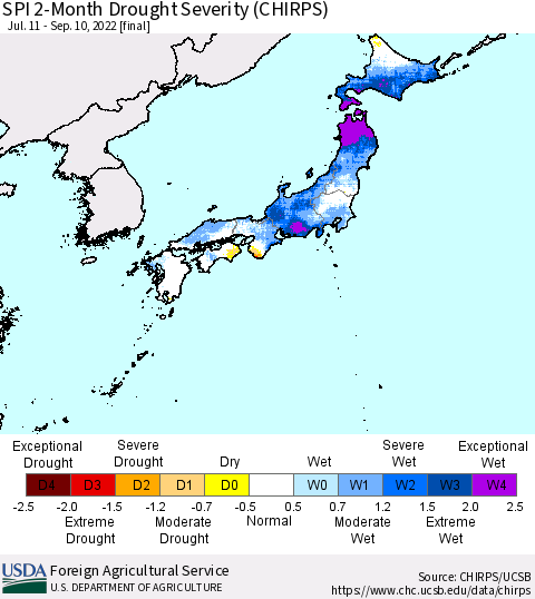 Japan SPI 2-Month Drought Severity (CHIRPS) Thematic Map For 7/11/2022 - 9/10/2022