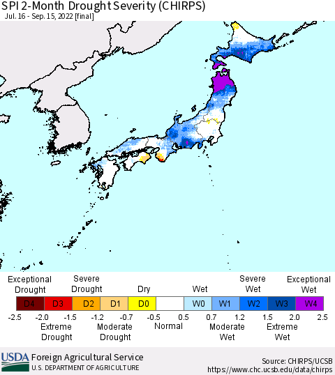 Japan SPI 2-Month Drought Severity (CHIRPS) Thematic Map For 7/16/2022 - 9/15/2022