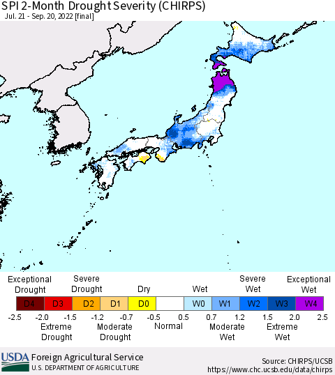 Japan SPI 2-Month Drought Severity (CHIRPS) Thematic Map For 7/21/2022 - 9/20/2022