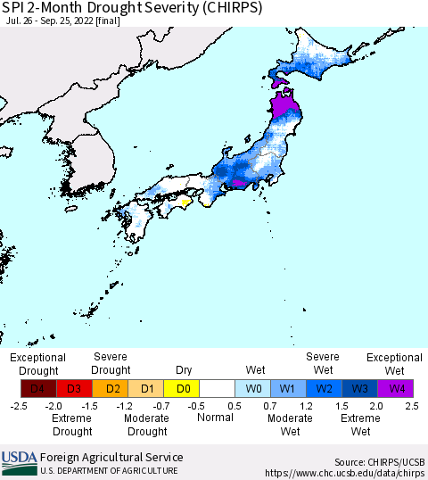 Japan SPI 2-Month Drought Severity (CHIRPS) Thematic Map For 7/26/2022 - 9/25/2022