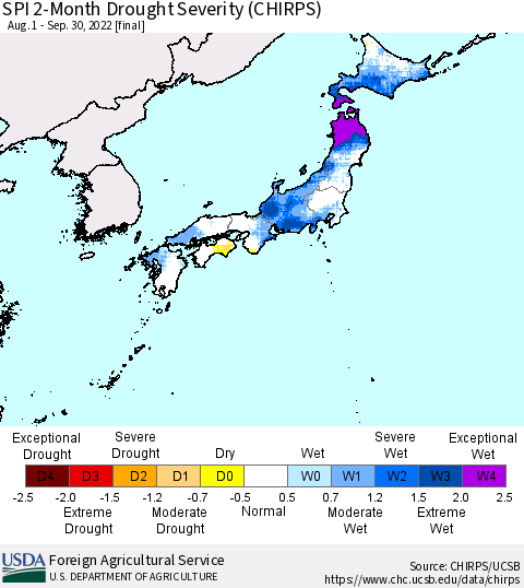 Japan SPI 2-Month Drought Severity (CHIRPS) Thematic Map For 8/1/2022 - 9/30/2022