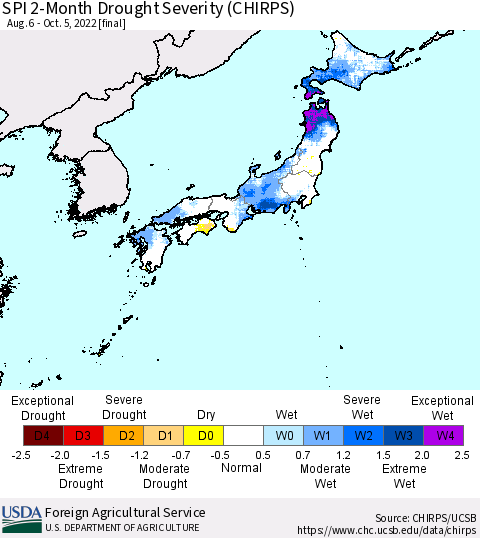 Japan SPI 2-Month Drought Severity (CHIRPS) Thematic Map For 8/6/2022 - 10/5/2022