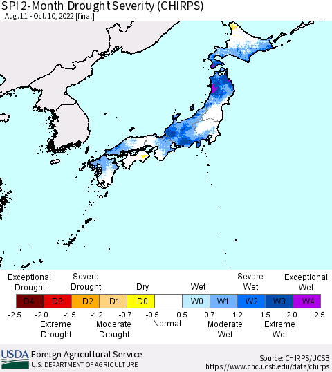 Japan SPI 2-Month Drought Severity (CHIRPS) Thematic Map For 8/11/2022 - 10/10/2022
