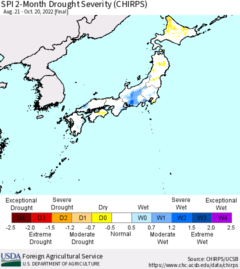 Japan SPI 2-Month Drought Severity (CHIRPS) Thematic Map For 8/21/2022 - 10/20/2022