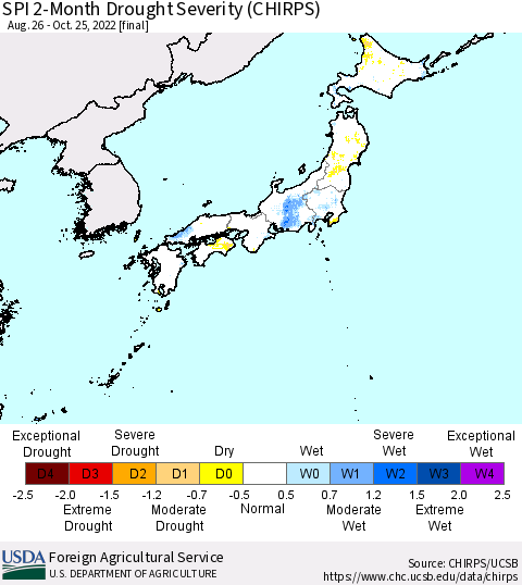 Japan SPI 2-Month Drought Severity (CHIRPS) Thematic Map For 8/26/2022 - 10/25/2022