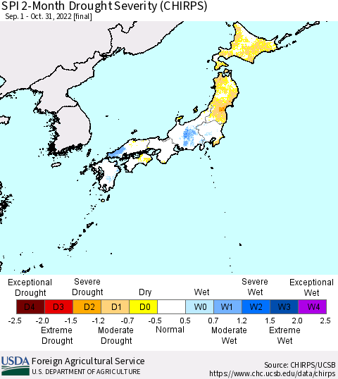 Japan SPI 2-Month Drought Severity (CHIRPS) Thematic Map For 9/1/2022 - 10/31/2022