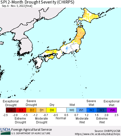 Japan SPI 2-Month Drought Severity (CHIRPS) Thematic Map For 9/6/2022 - 11/5/2022