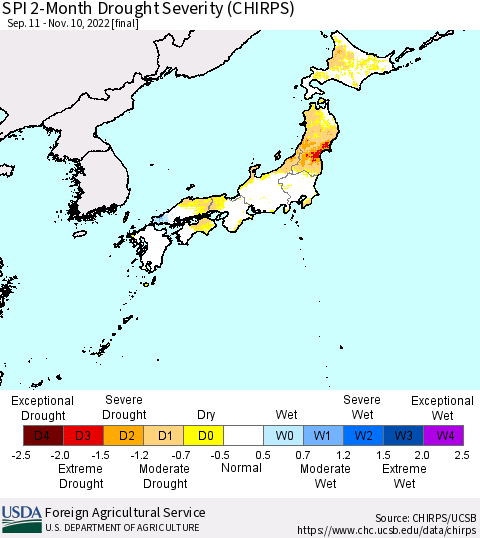 Japan SPI 2-Month Drought Severity (CHIRPS) Thematic Map For 9/11/2022 - 11/10/2022