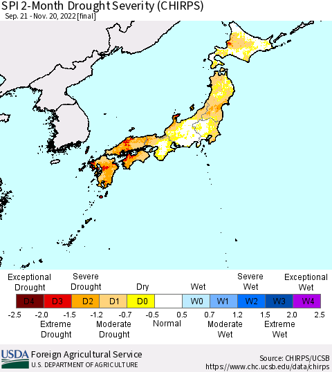Japan SPI 2-Month Drought Severity (CHIRPS) Thematic Map For 9/21/2022 - 11/20/2022