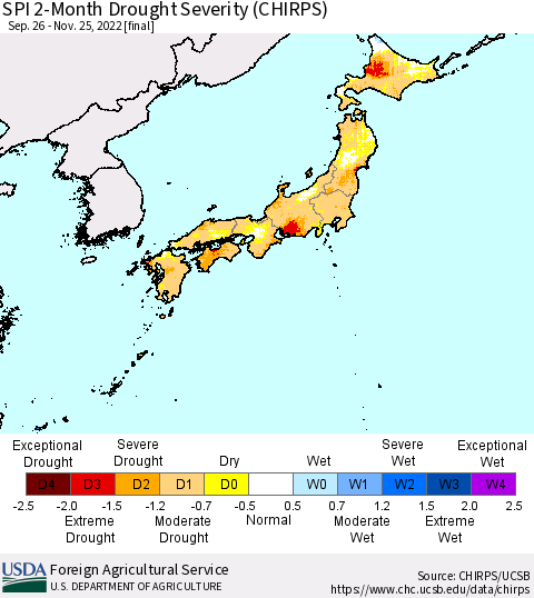 Japan SPI 2-Month Drought Severity (CHIRPS) Thematic Map For 9/26/2022 - 11/25/2022