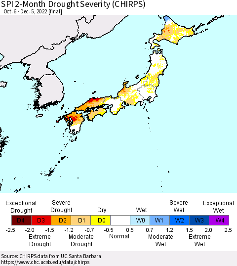 Japan SPI 2-Month Drought Severity (CHIRPS) Thematic Map For 10/6/2022 - 12/5/2022