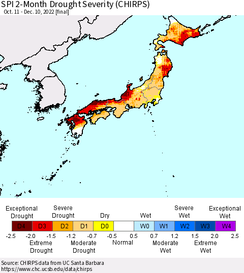 Japan SPI 2-Month Drought Severity (CHIRPS) Thematic Map For 10/11/2022 - 12/10/2022