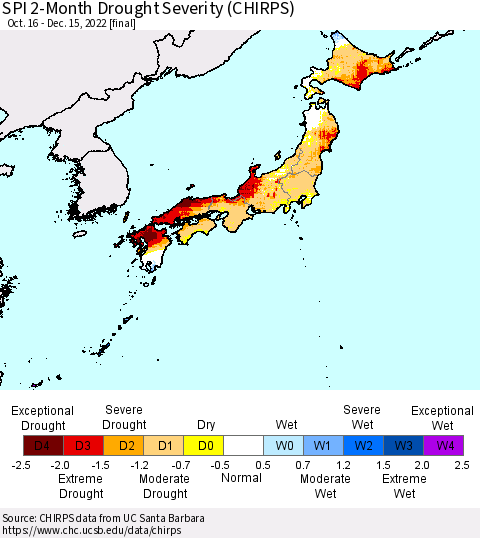 Japan SPI 2-Month Drought Severity (CHIRPS) Thematic Map For 10/16/2022 - 12/15/2022