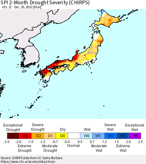 Japan SPI 2-Month Drought Severity (CHIRPS) Thematic Map For 10/21/2022 - 12/20/2022