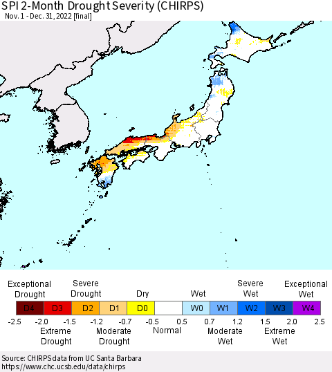 Japan SPI 2-Month Drought Severity (CHIRPS) Thematic Map For 11/1/2022 - 12/31/2022