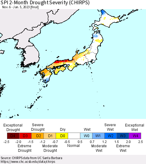 Japan SPI 2-Month Drought Severity (CHIRPS) Thematic Map For 11/6/2022 - 1/5/2023