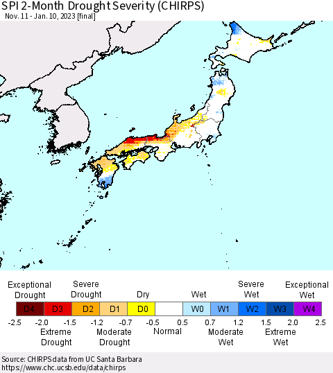 Japan SPI 2-Month Drought Severity (CHIRPS) Thematic Map For 11/11/2022 - 1/10/2023