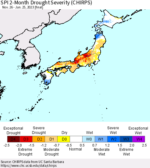 Japan SPI 2-Month Drought Severity (CHIRPS) Thematic Map For 11/26/2022 - 1/25/2023