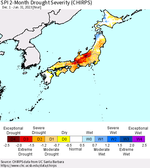 Japan SPI 2-Month Drought Severity (CHIRPS) Thematic Map For 12/1/2022 - 1/31/2023