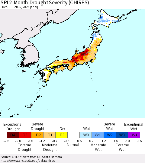 Japan SPI 2-Month Drought Severity (CHIRPS) Thematic Map For 12/6/2022 - 2/5/2023