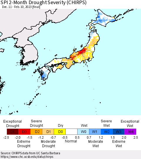 Japan SPI 2-Month Drought Severity (CHIRPS) Thematic Map For 12/11/2022 - 2/10/2023