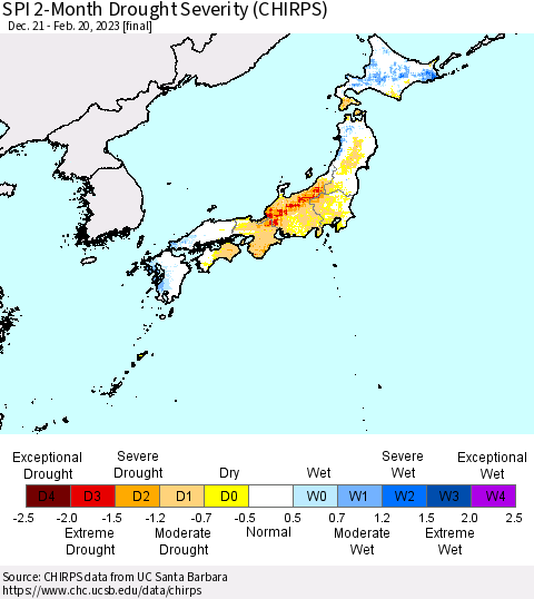 Japan SPI 2-Month Drought Severity (CHIRPS) Thematic Map For 12/21/2022 - 2/20/2023