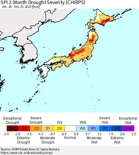 Japan SPI 2-Month Drought Severity (CHIRPS) Thematic Map For 12/26/2022 - 2/25/2023