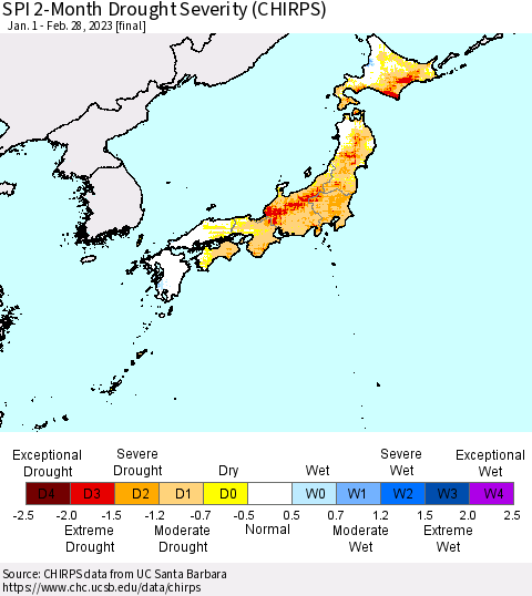 Japan SPI 2-Month Drought Severity (CHIRPS) Thematic Map For 1/1/2023 - 2/28/2023