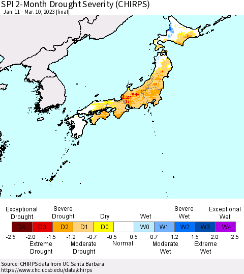 Japan SPI 2-Month Drought Severity (CHIRPS) Thematic Map For 1/11/2023 - 3/10/2023