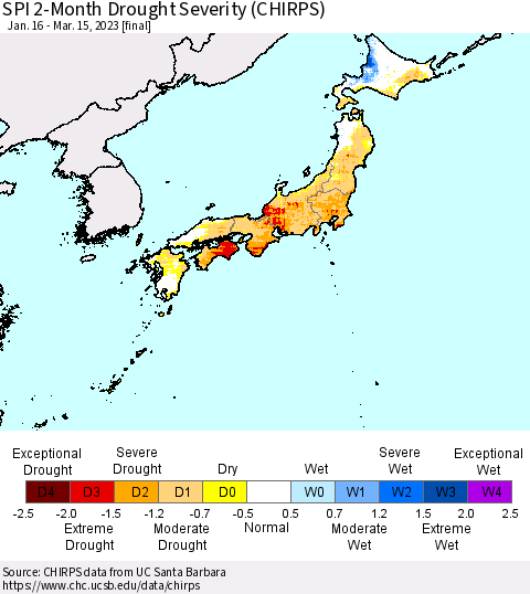 Japan SPI 2-Month Drought Severity (CHIRPS) Thematic Map For 1/16/2023 - 3/15/2023
