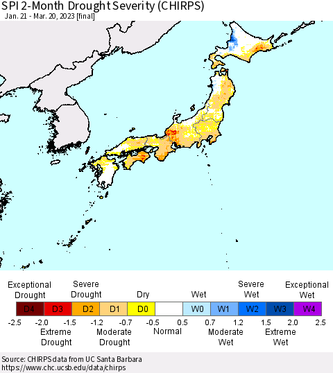 Japan SPI 2-Month Drought Severity (CHIRPS) Thematic Map For 1/21/2023 - 3/20/2023