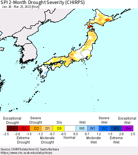 Japan SPI 2-Month Drought Severity (CHIRPS) Thematic Map For 1/26/2023 - 3/25/2023