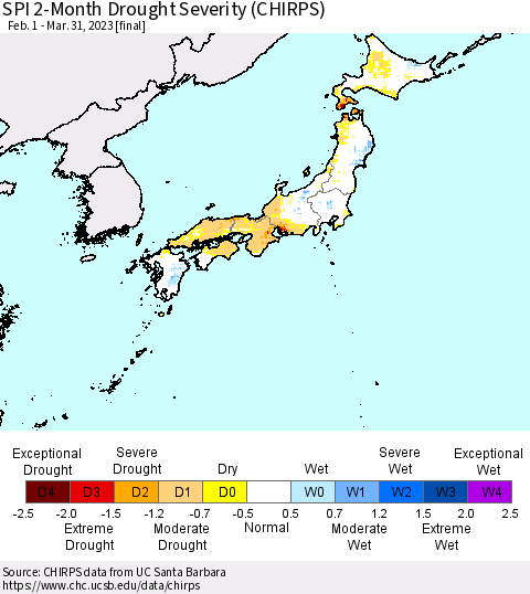 Japan SPI 2-Month Drought Severity (CHIRPS) Thematic Map For 2/1/2023 - 3/31/2023