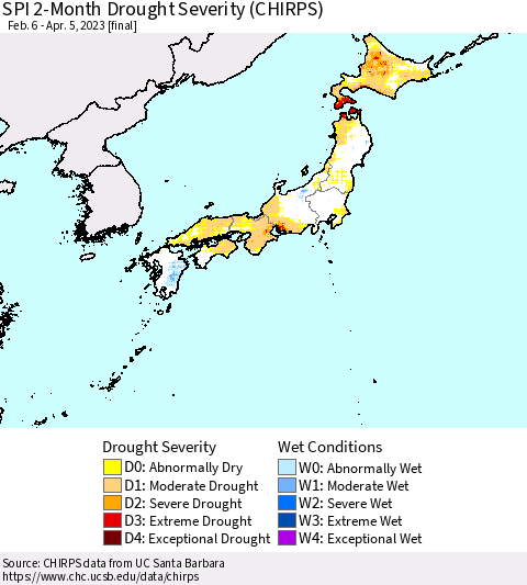 Japan SPI 2-Month Drought Severity (CHIRPS) Thematic Map For 2/6/2023 - 4/5/2023