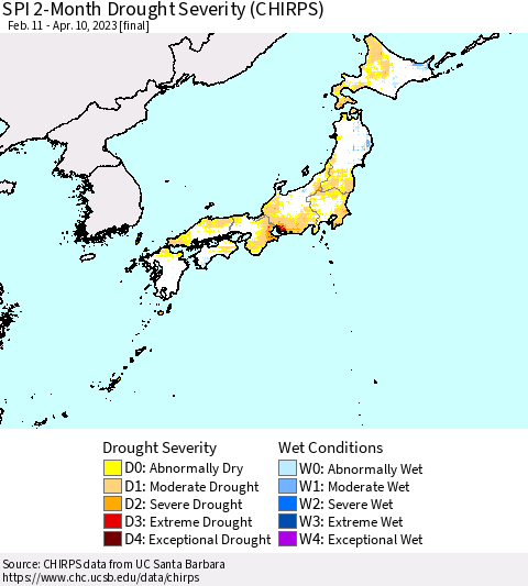 Japan SPI 2-Month Drought Severity (CHIRPS) Thematic Map For 2/11/2023 - 4/10/2023