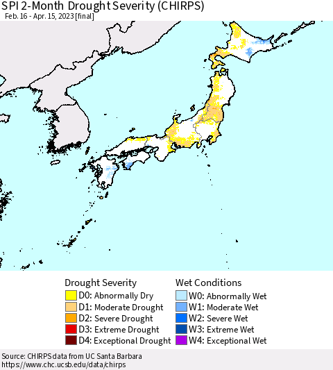 Japan SPI 2-Month Drought Severity (CHIRPS) Thematic Map For 2/16/2023 - 4/15/2023