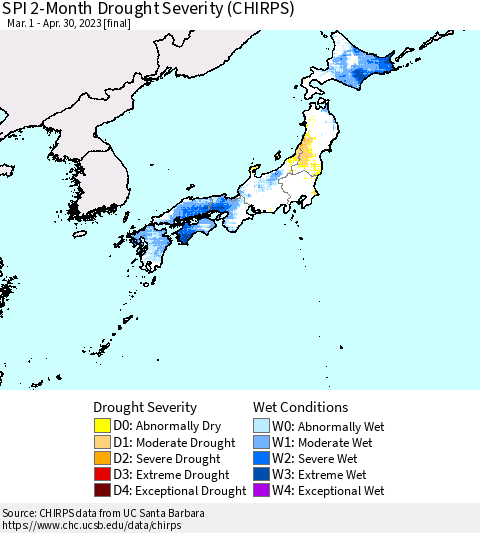Japan SPI 2-Month Drought Severity (CHIRPS) Thematic Map For 3/1/2023 - 4/30/2023