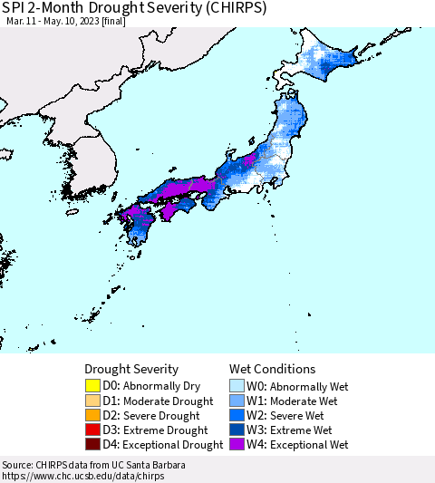 Japan SPI 2-Month Drought Severity (CHIRPS) Thematic Map For 3/11/2023 - 5/10/2023