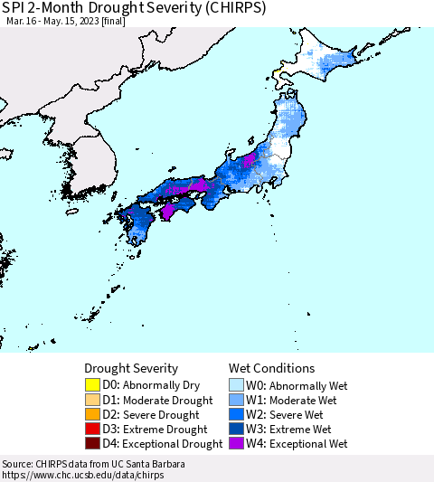 Japan SPI 2-Month Drought Severity (CHIRPS) Thematic Map For 3/16/2023 - 5/15/2023