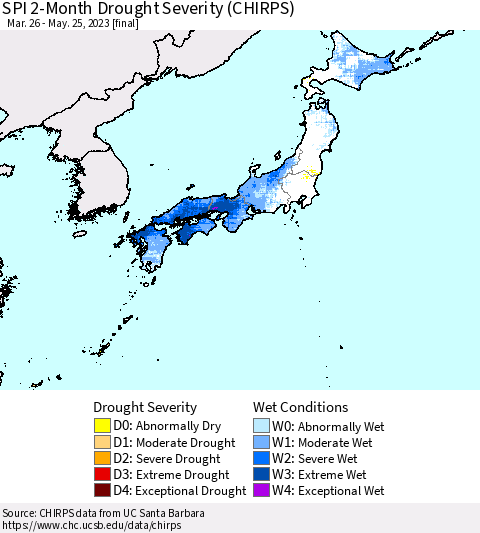 Japan SPI 2-Month Drought Severity (CHIRPS) Thematic Map For 3/26/2023 - 5/25/2023