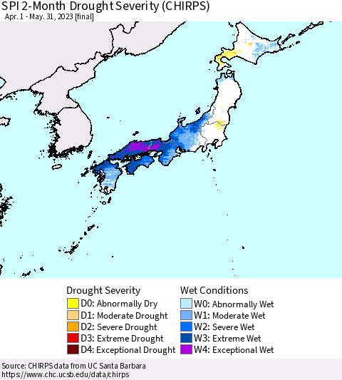 Japan SPI 2-Month Drought Severity (CHIRPS) Thematic Map For 4/1/2023 - 5/31/2023