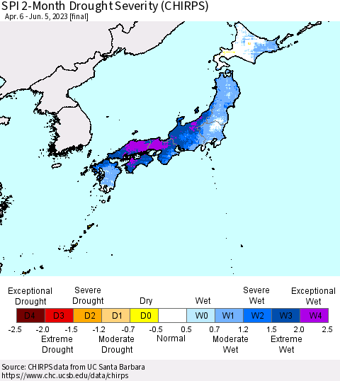 Japan SPI 2-Month Drought Severity (CHIRPS) Thematic Map For 4/6/2023 - 6/5/2023